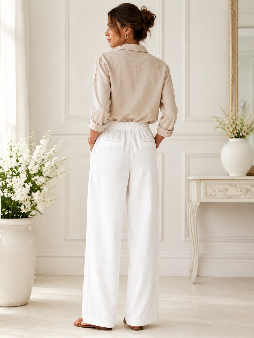 Dictionary White Linen Blend Wide Leg Pants | Size: XL 16 | High Rise Trouser - Picture 2 of 11